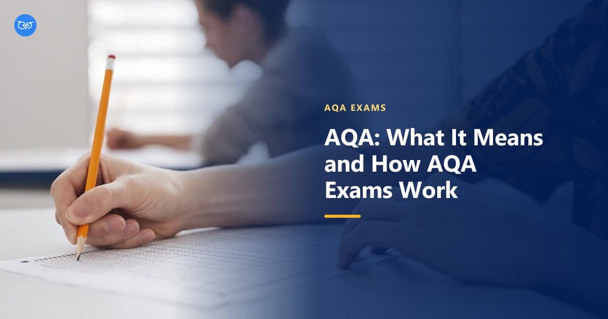 A student writing exam answers with a pencil in an exam room, with the title AQA: What It Means and How AQA Exams Work