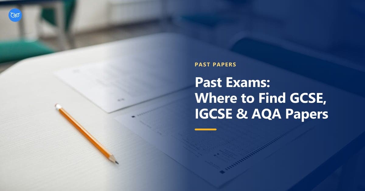 An exam paper and pencil on a desk in an exam room, with the title Past Exams: Where to Find GCSE, IGCSE & AQA Papers