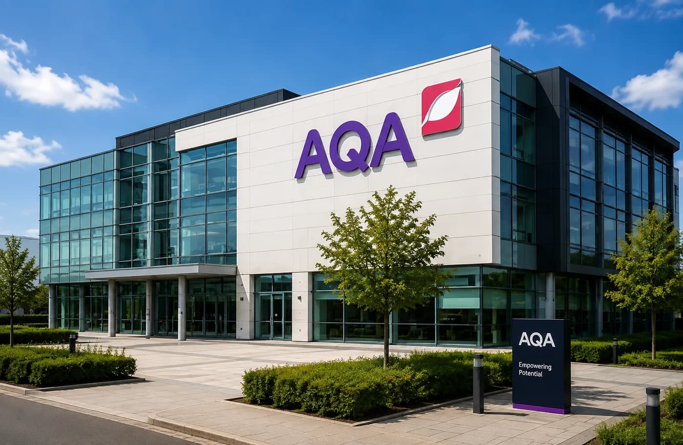 A modern office building carrying the AQA sign