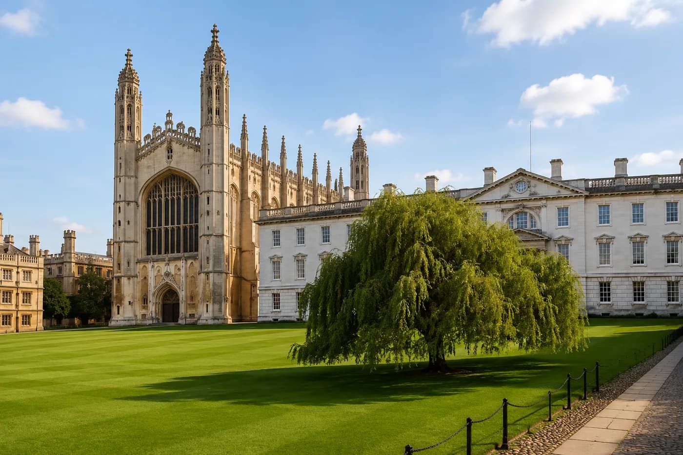 King's College Chapel and lawns in Cambridge under a blue sky