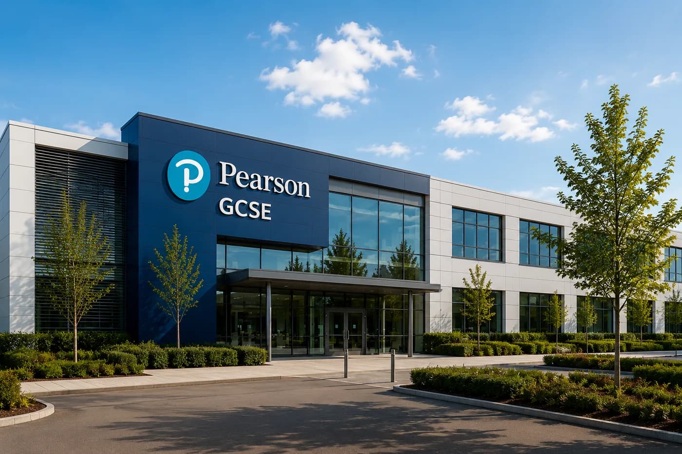 A modern glass office building carrying the Pearson GCSE sign