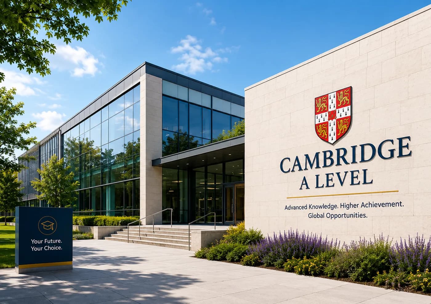 A modern campus building with a Cambridge A Level sign and crest