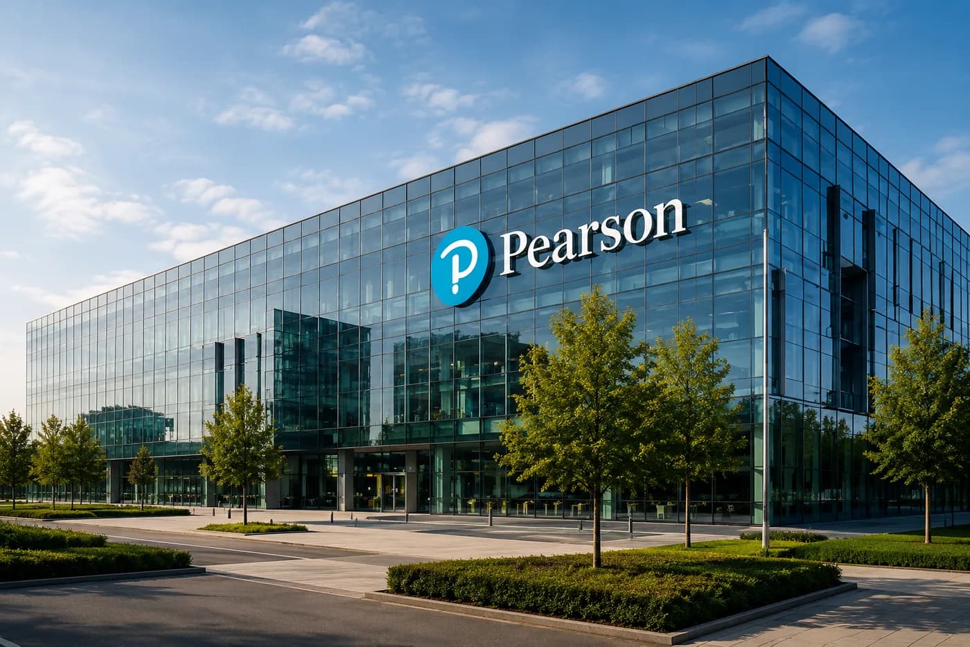 A glass office building carrying the Pearson sign