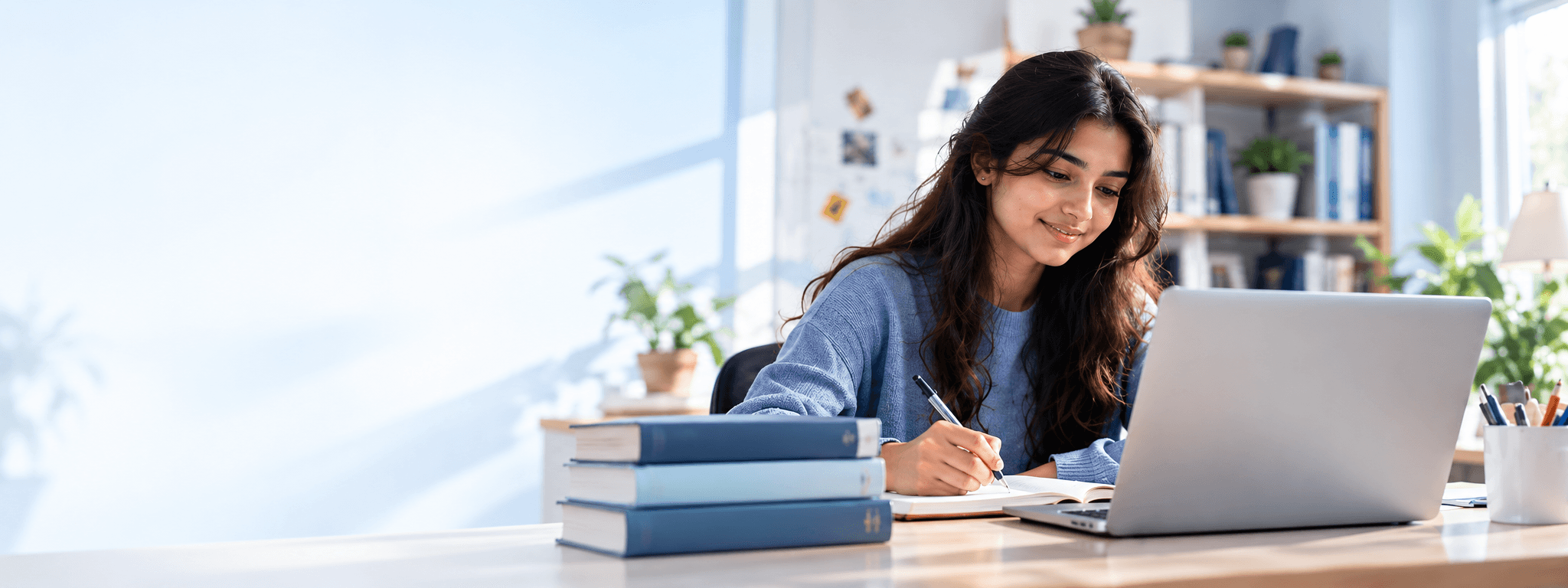 A student studying at her desk with a laptop and a stack of textbooks