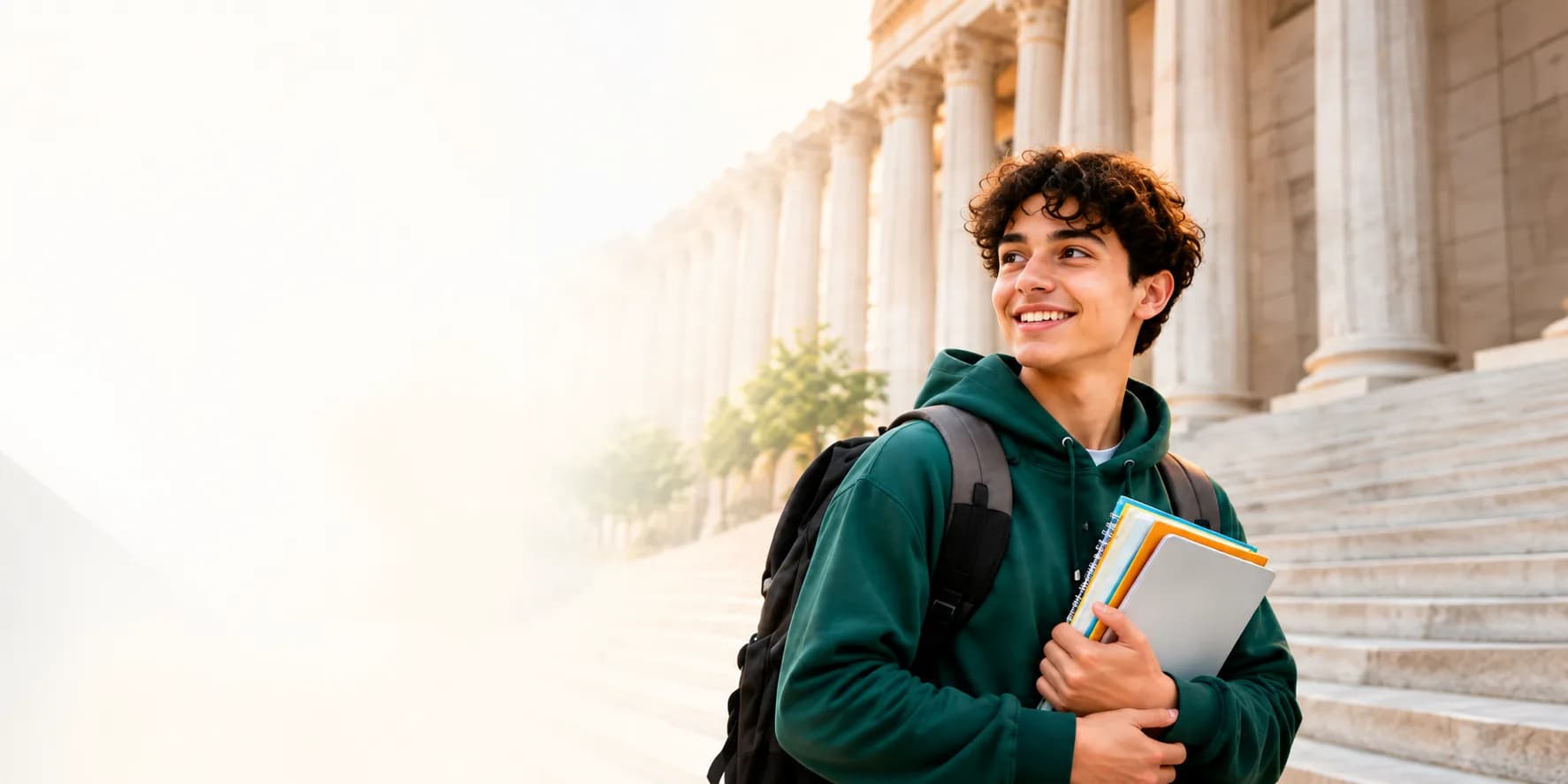 A smiling student holding notebooks on the steps of a university building