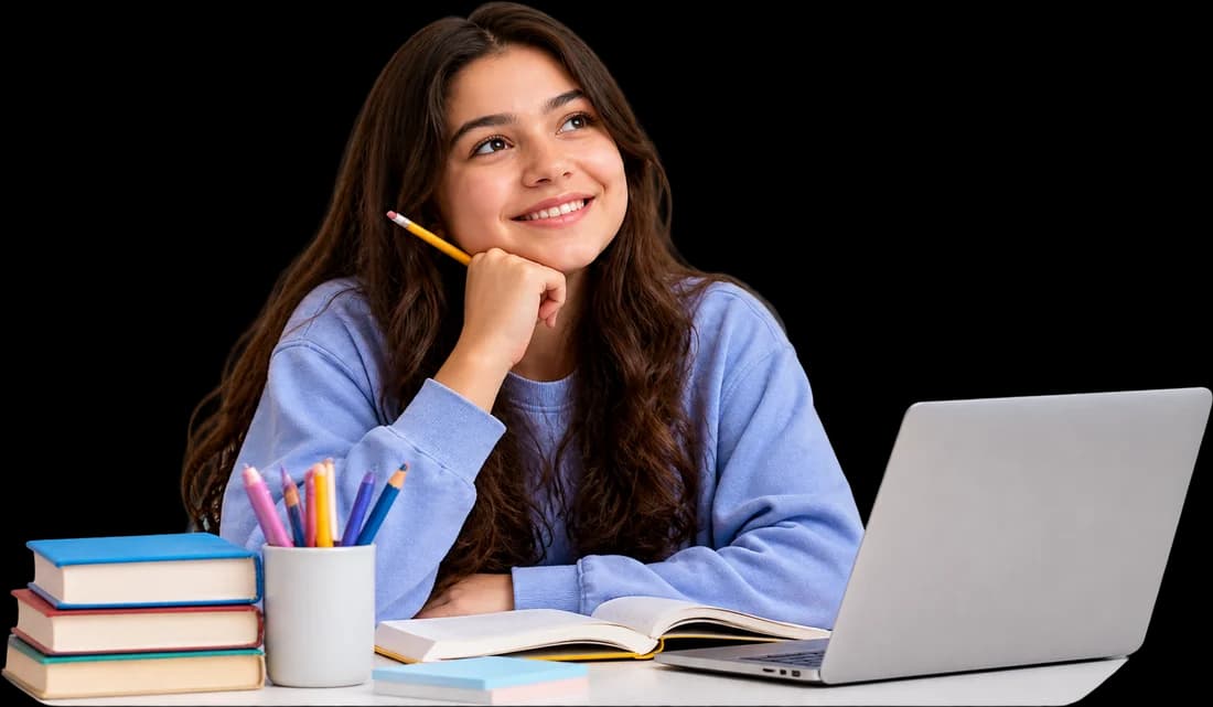 A smiling student at a desk with books, coloured pencils and a laptop